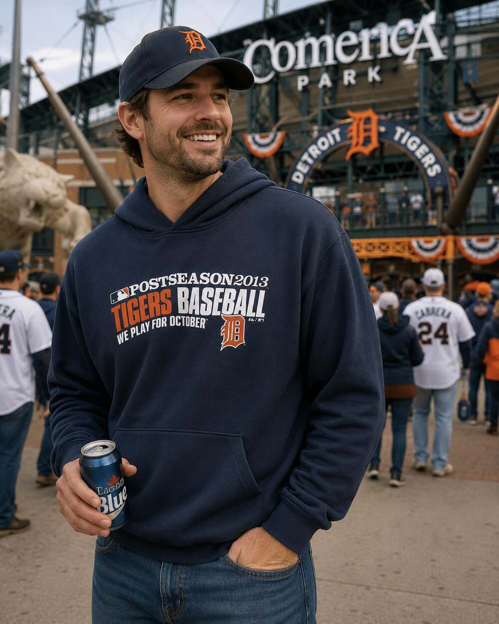Detroit Tigers 2013 Postseason Majestic Hoodie Sweatshirt Navy Blue Mens Medium